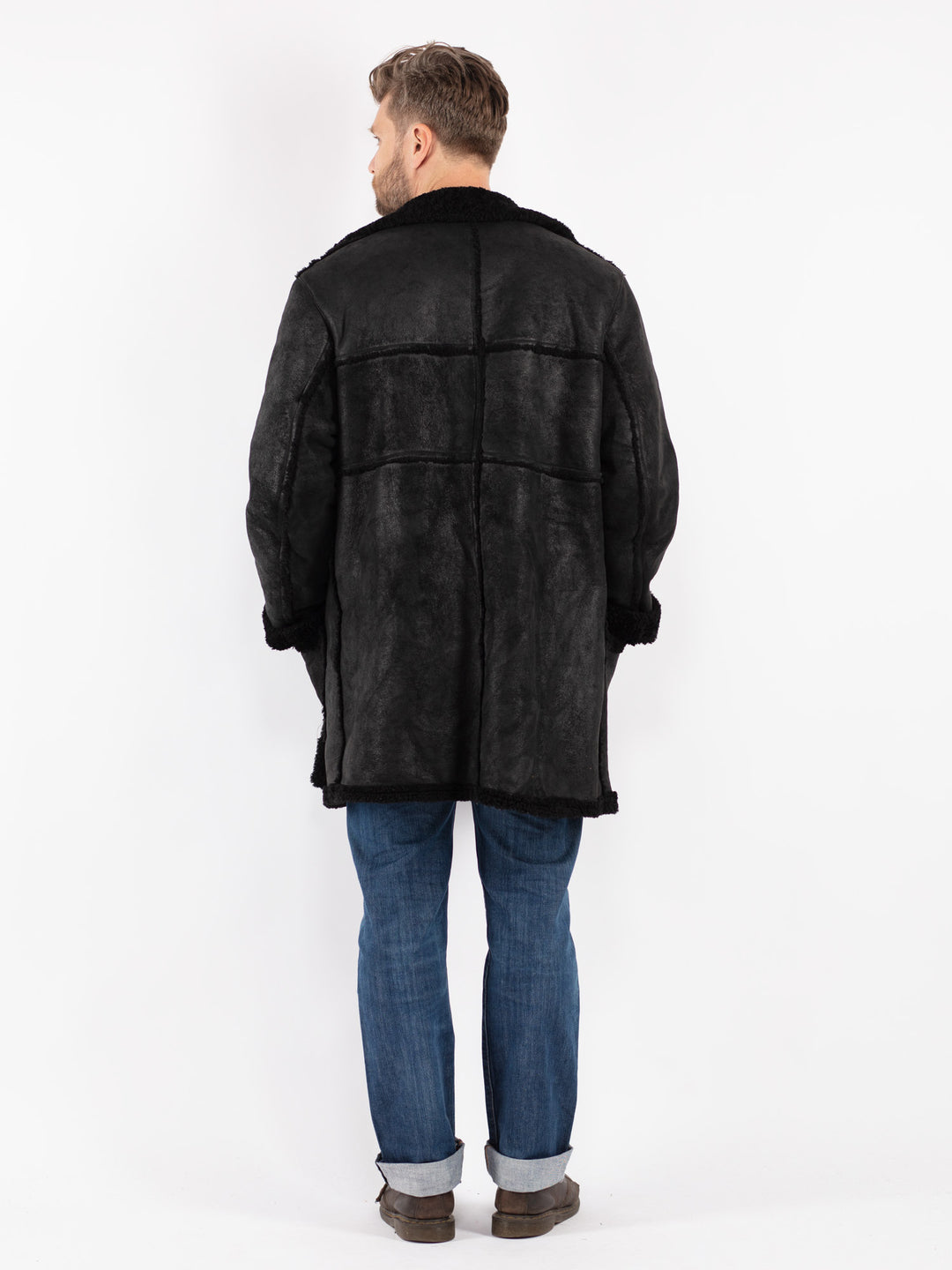 Vintage Men Sheepskin Shearling Coat in Black