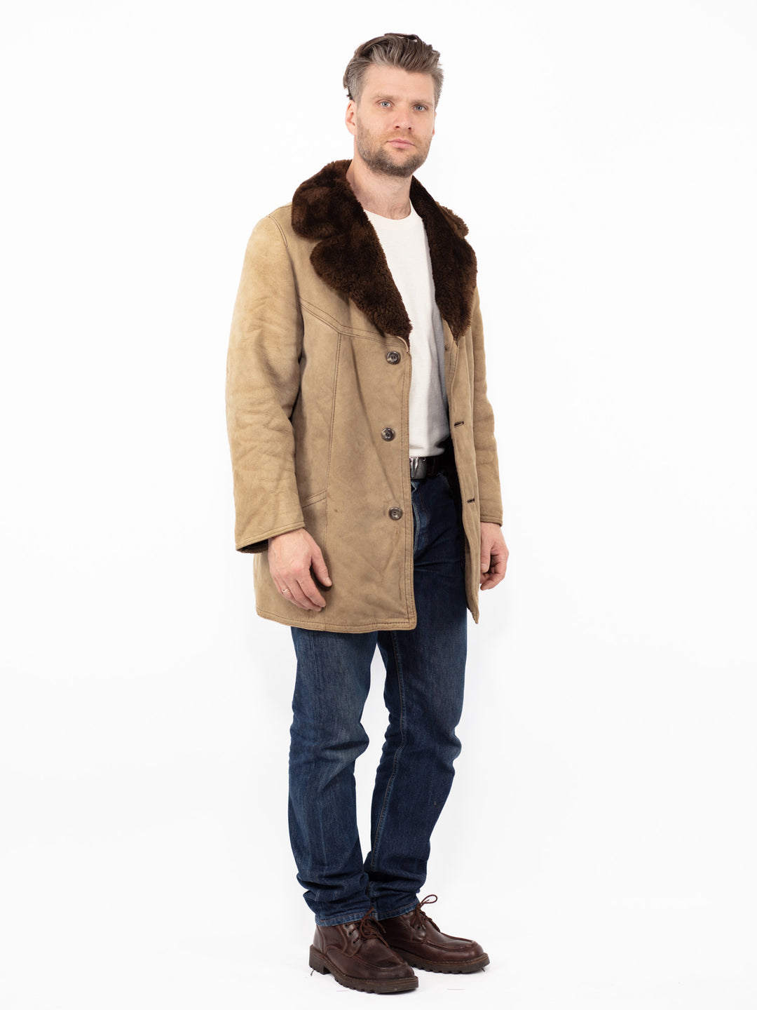 Vintage 70. gadu vīriešu aitādas mētelis bēšā krāsā