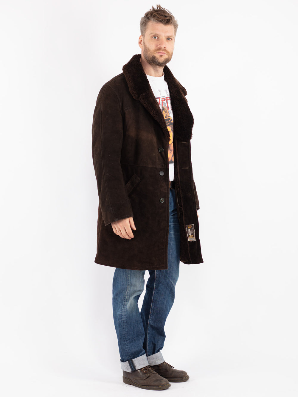 Vintage Men Sheepskin Shearling Coat in Brown
