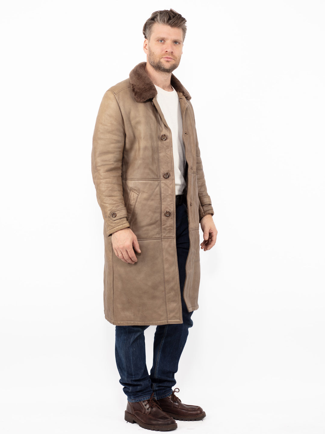 Vintage 70. gadu vīriešu aitādas ādas mētelis bēšā krāsā