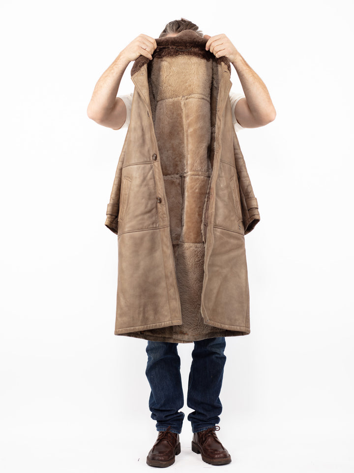 Vintage 70. gadu vīriešu aitādas ādas mētelis bēšā krāsā