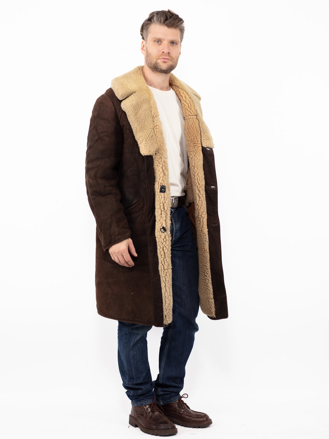 Vintage 70. gadu vīriešu aitādas mētelis brūnā krāsā