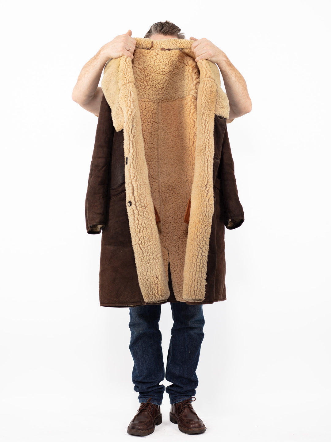 Vintage 70. gadu vīriešu aitādas mētelis brūnā krāsā