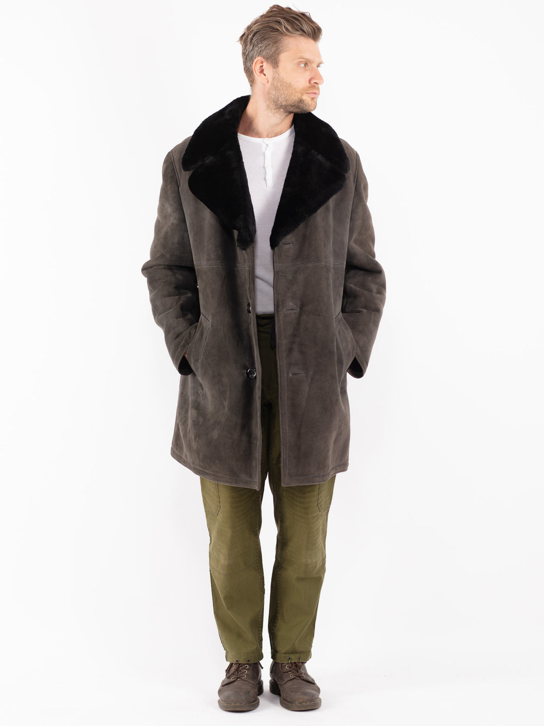 Vintage 70's Men Sheepskin Shearling Coat in Gray