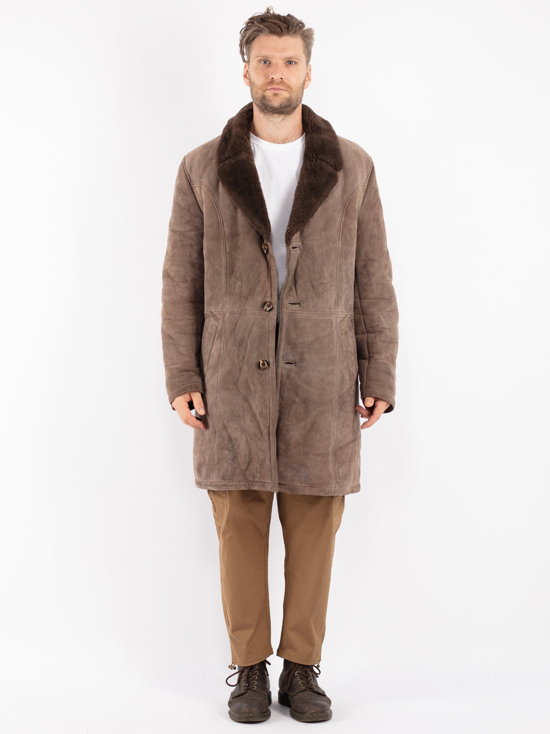 Vintage 70's Men Sheepskin Coat in Beige