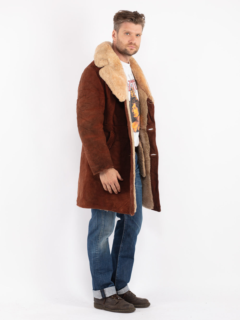 Vintage Men Sheepskin Shearling Coat in Brown