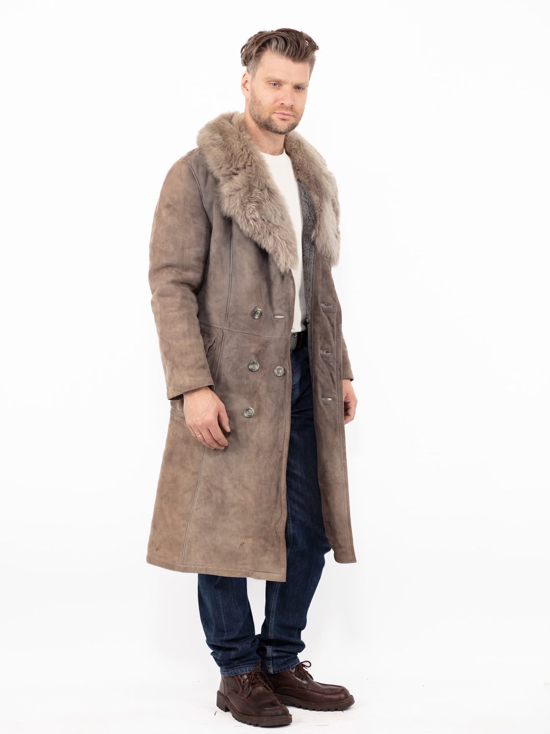 Vintage 70. gadu vīriešu liela izmēra aitādas mētelis brūnā krāsā