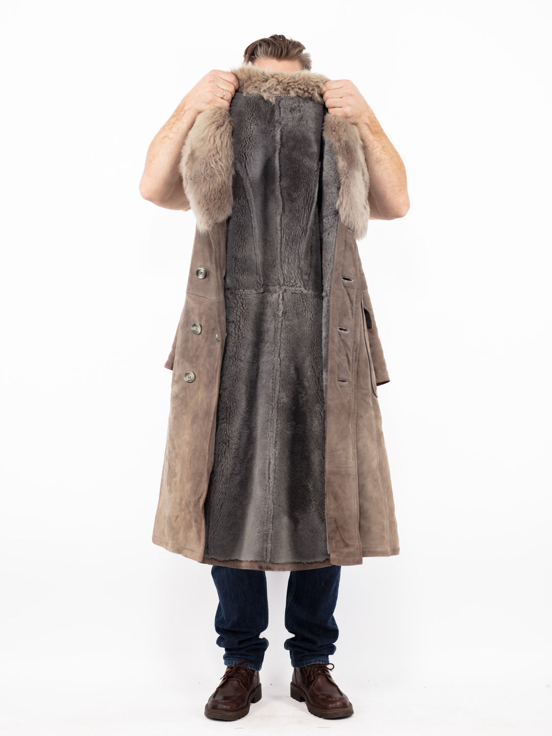 Vintage 70. gadu vīriešu liela izmēra aitādas mētelis brūnā krāsā