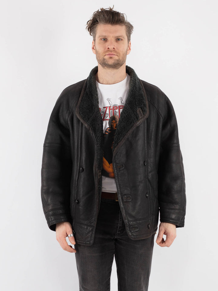 Vintage 70's Men Sheepskin Jacket in Faded Black - NorthernGrip