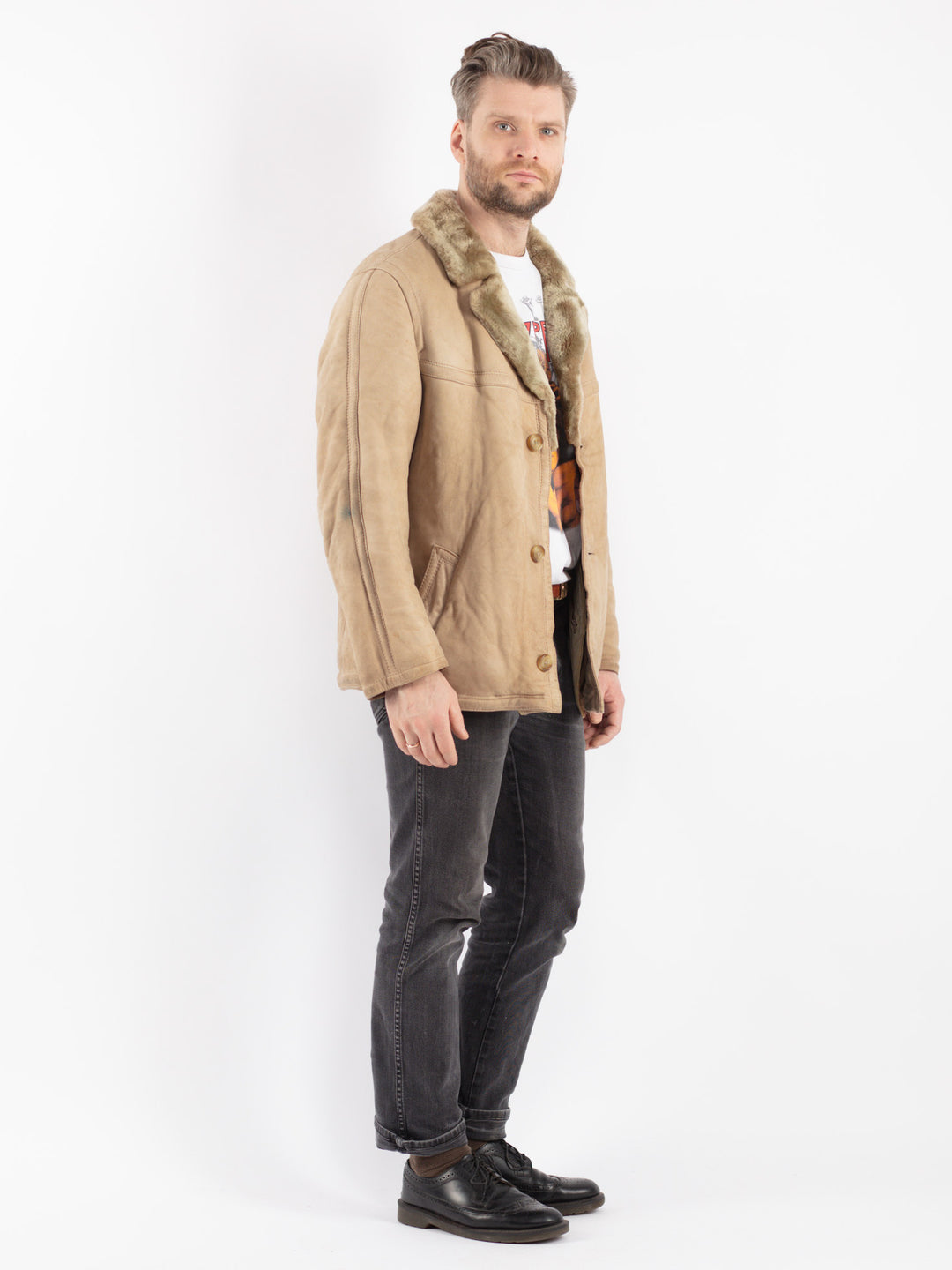 Vintage 70's Men Sheepskin Jacket in Beige