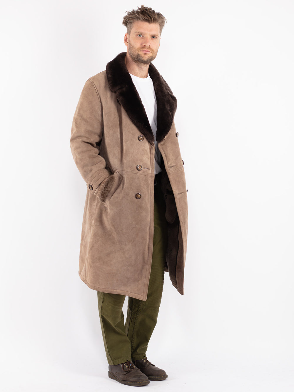 Vintage 70's Men Sheepskin Coat in Beige