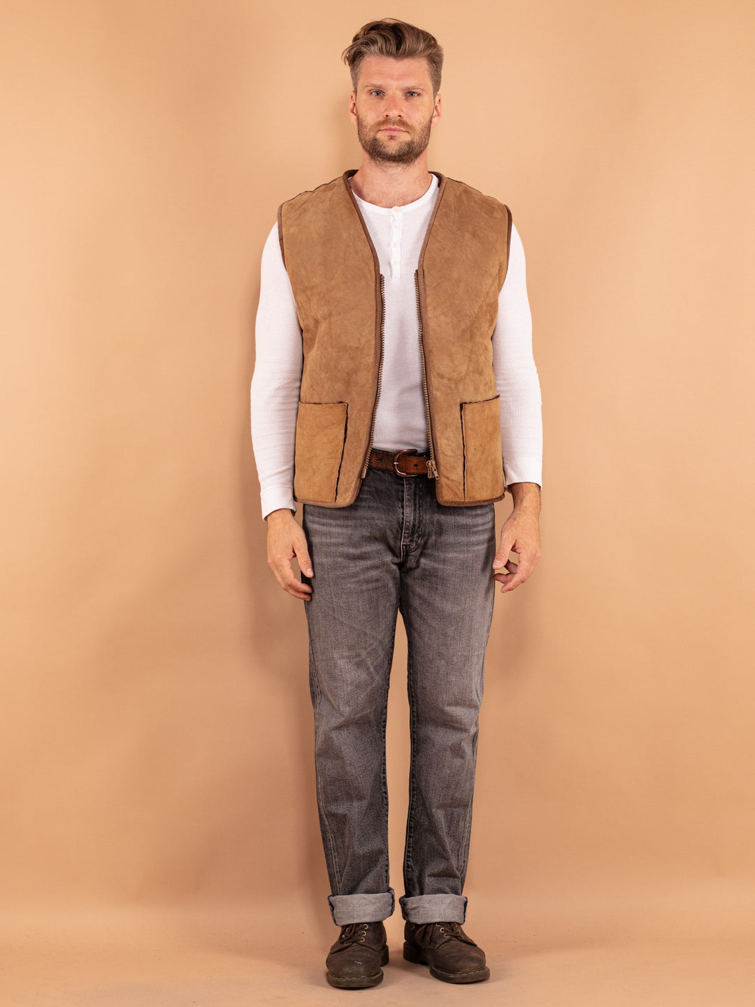 Vintage 70. gadu vīriešu aitādas veste bēšā krāsā