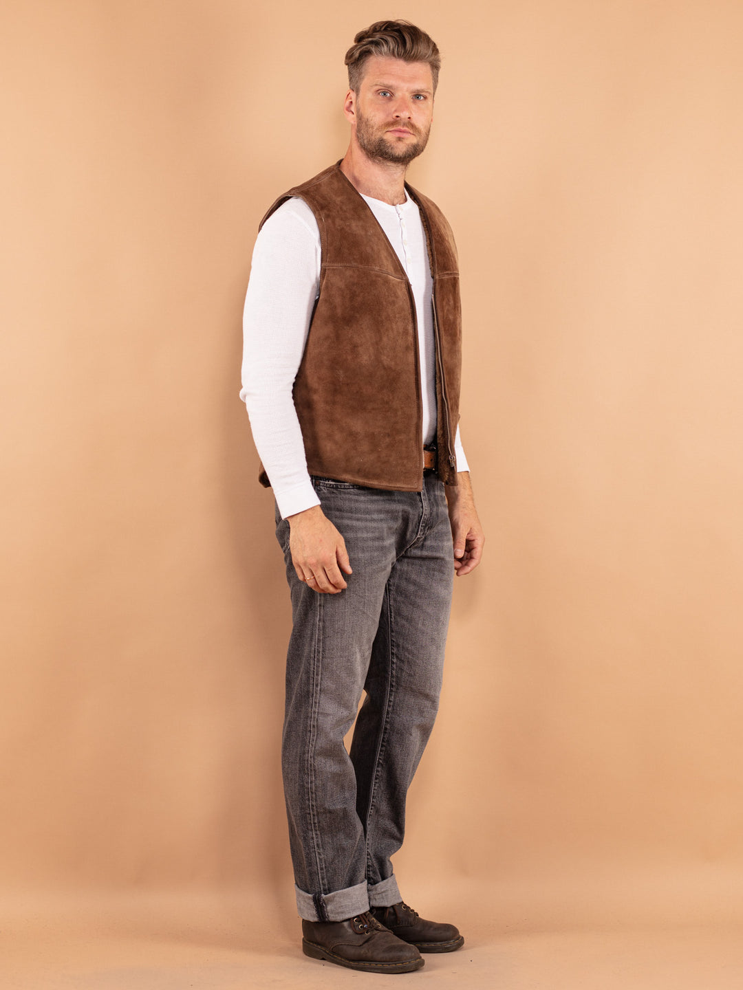 Vintage 70. gadu vīriešu aitādas veste brūnā krāsā