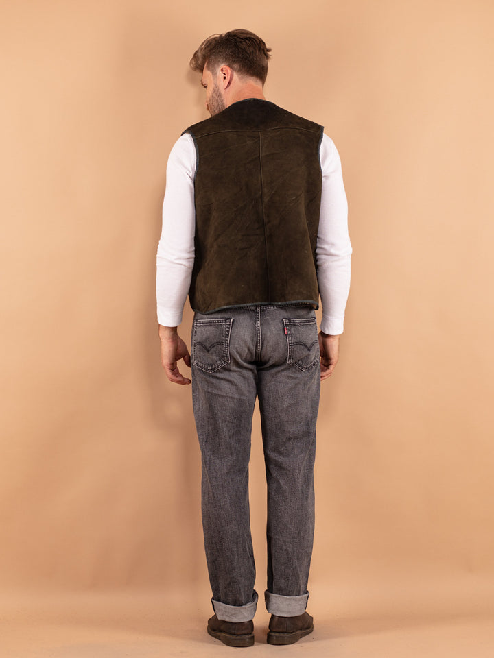 Vintage 70. gadu vīriešu aitādas veste sūnu brūnā krāsā