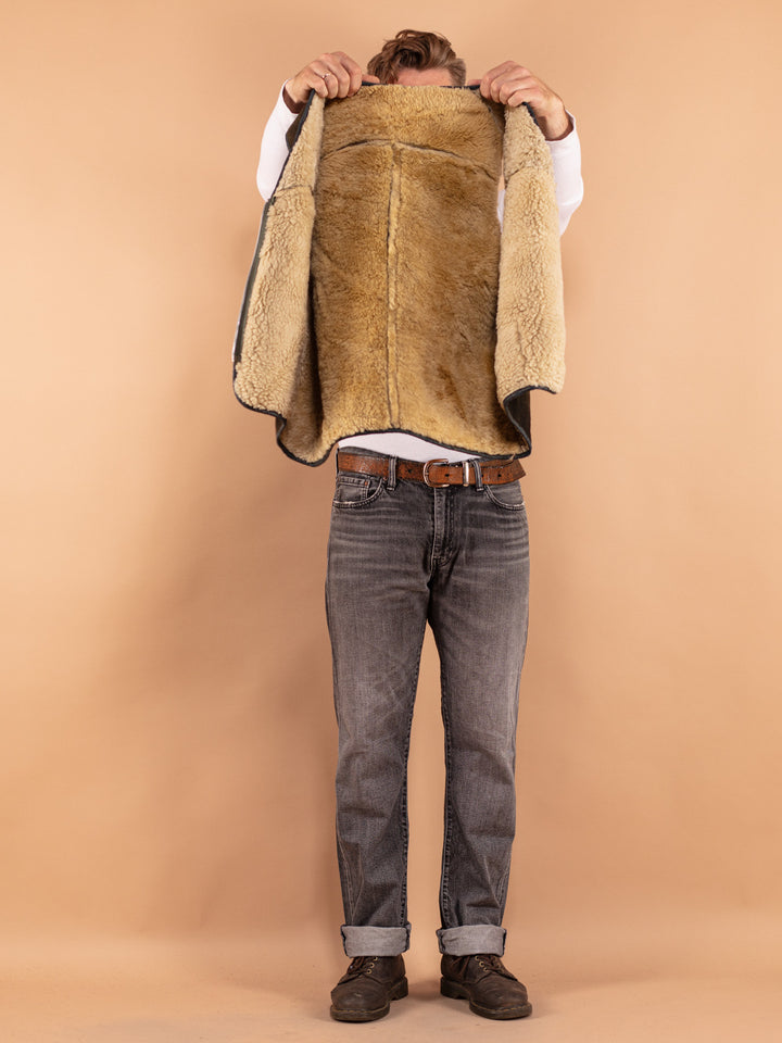 Vintage 70. gadu vīriešu aitādas veste sūnu brūnā krāsā