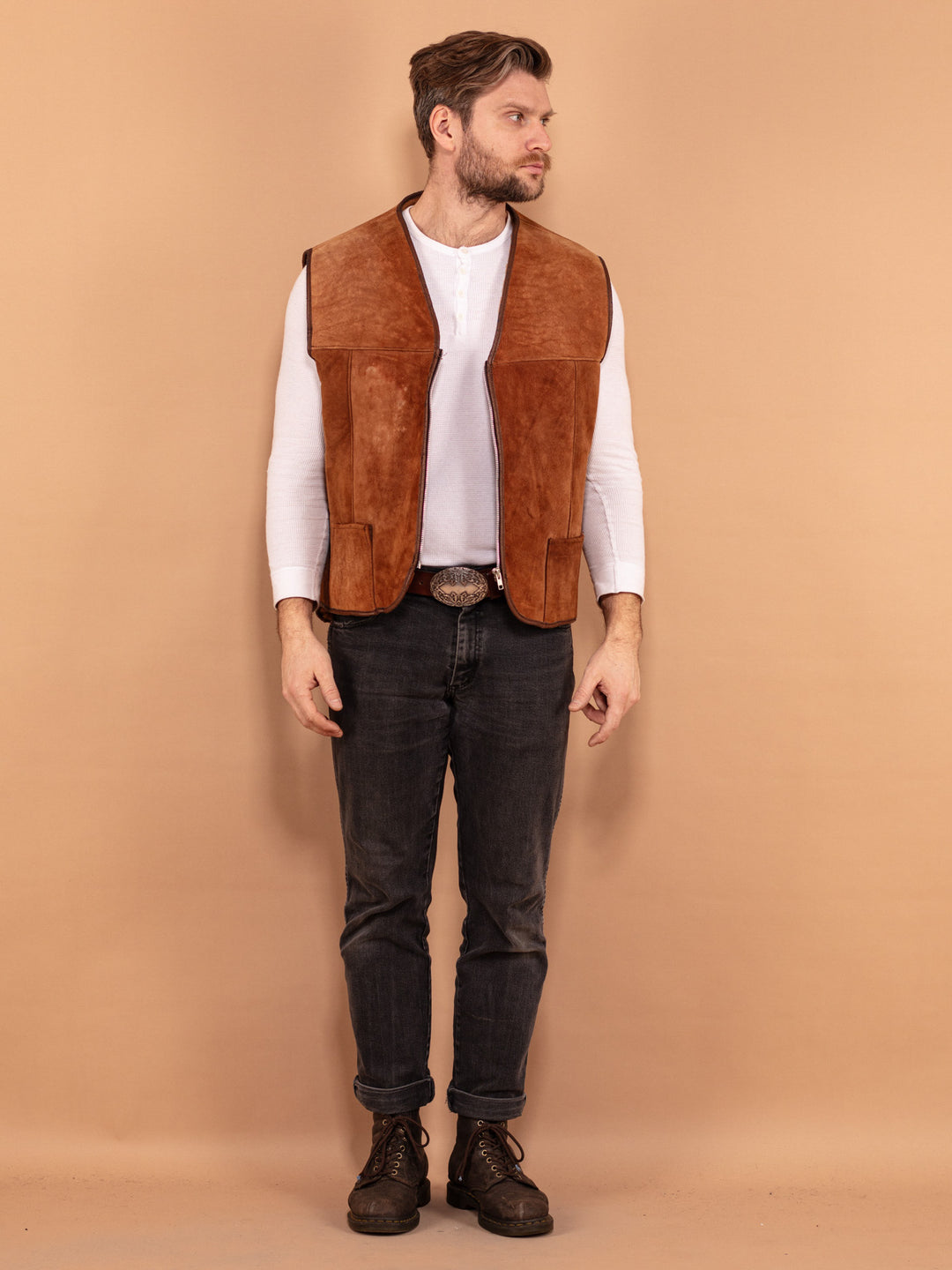 Vintage 70. gadu vīriešu aitādas veste brūnā krāsā