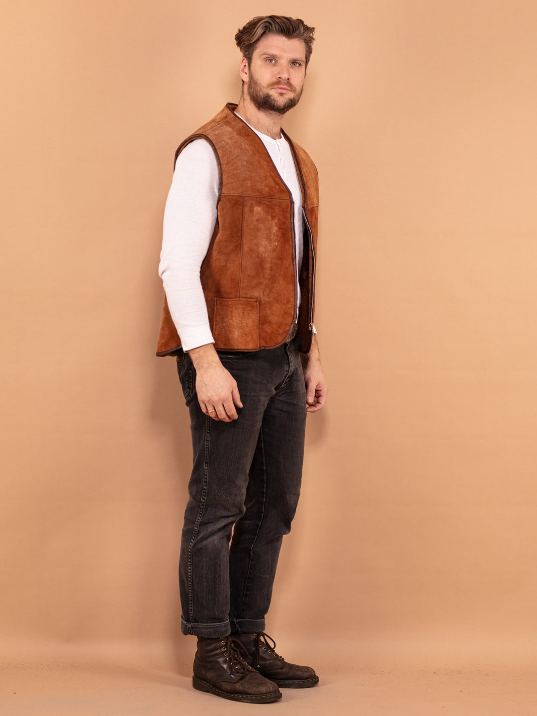 Vintage 70. gadu vīriešu aitādas veste brūnā krāsā