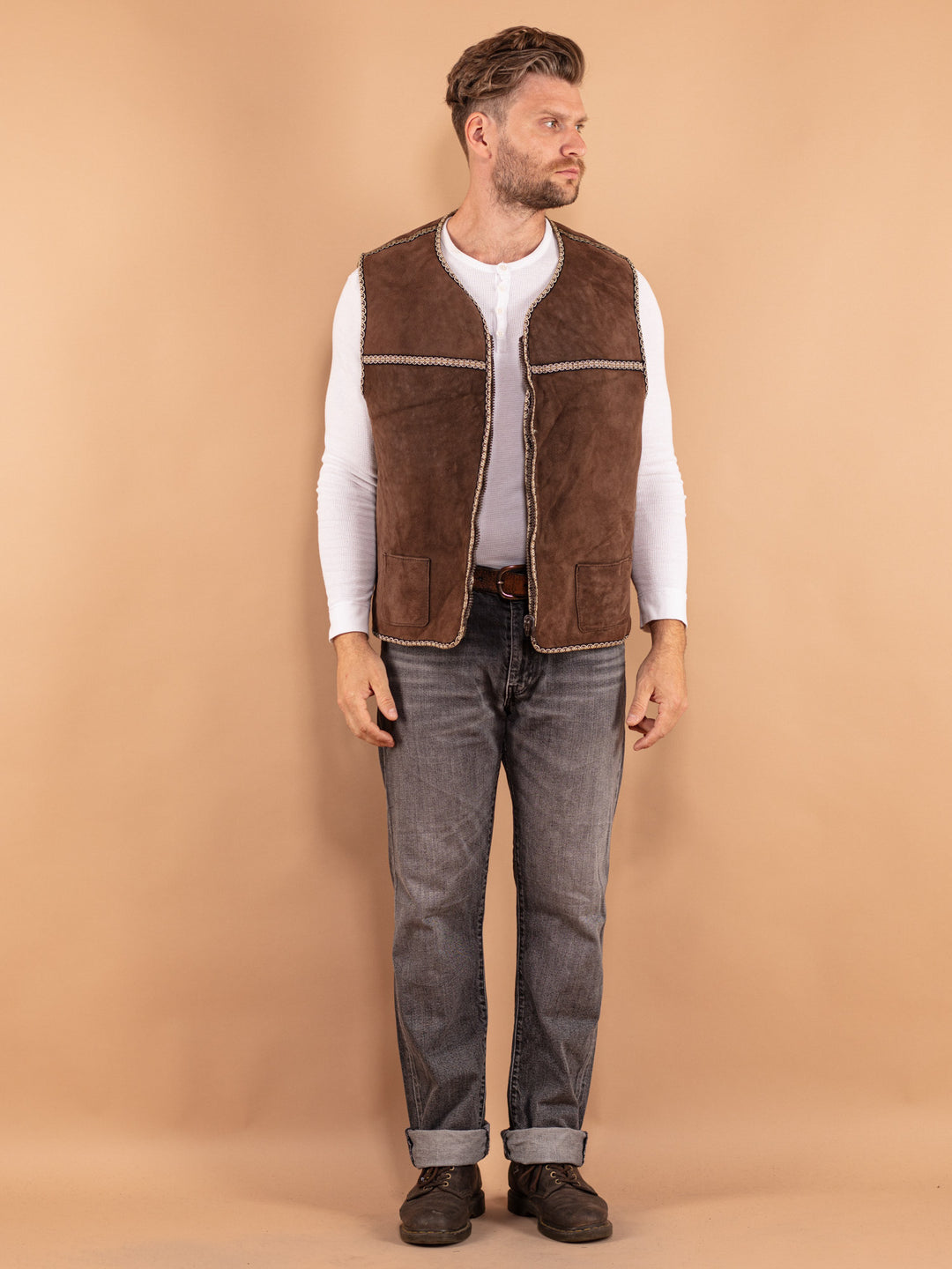 Vintage 70. gadu vīriešu aitādas veste brūnā krāsā