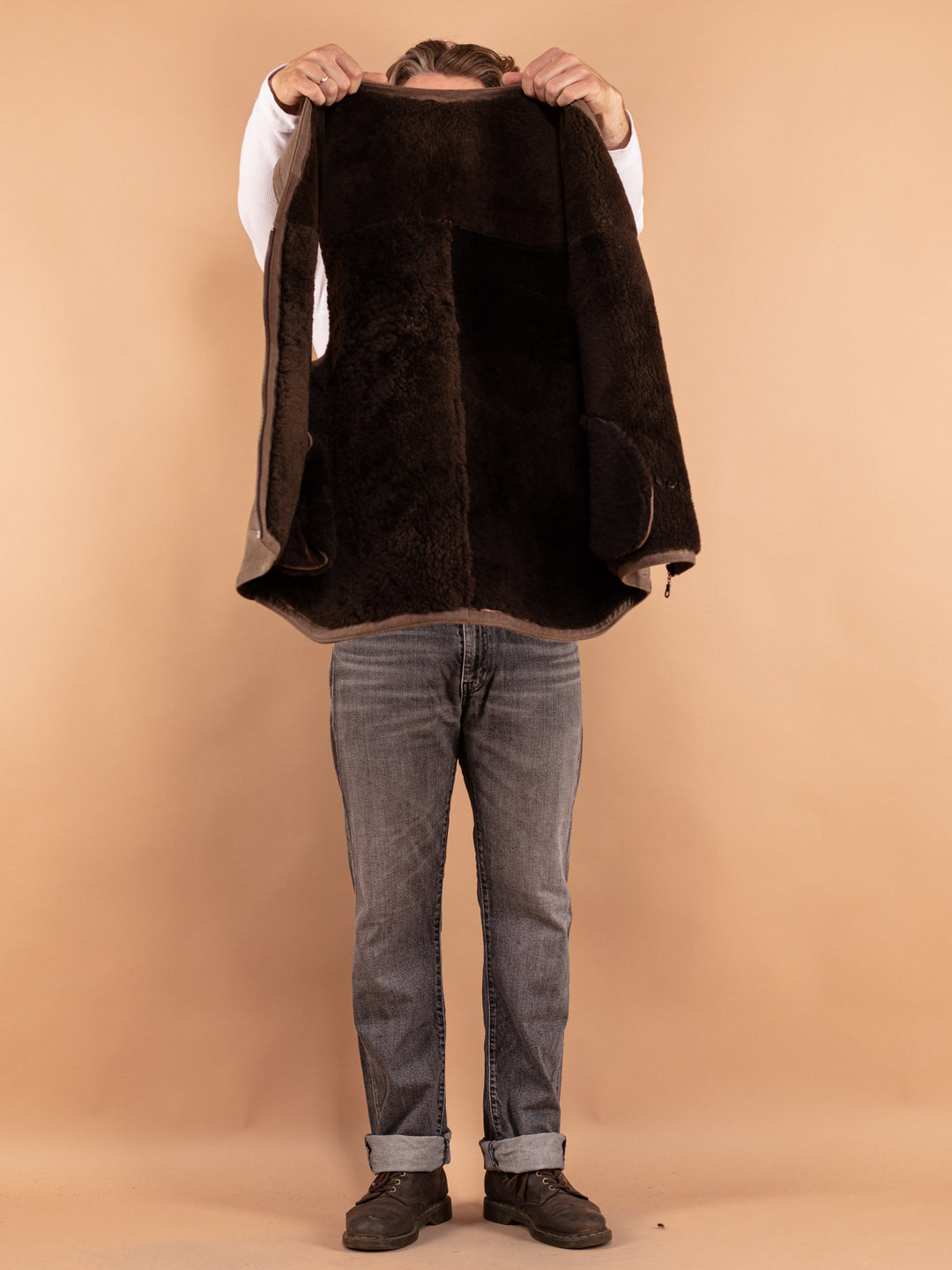 Vintage 70. gadu vīriešu aitādas veste bēšā krāsā
