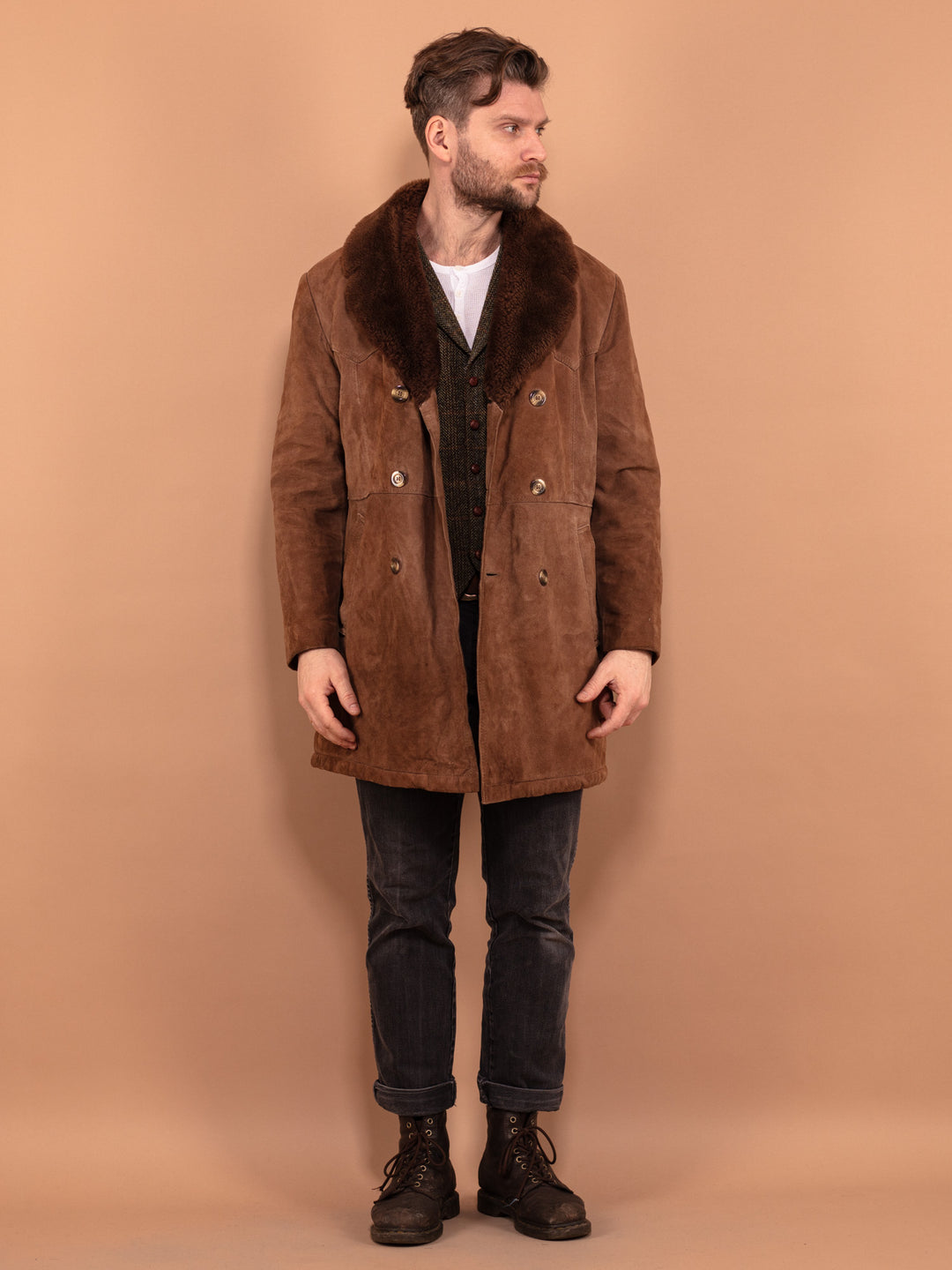 Vintage 70's Men Suede Sherpa Coat in Brown - NorthernGrip