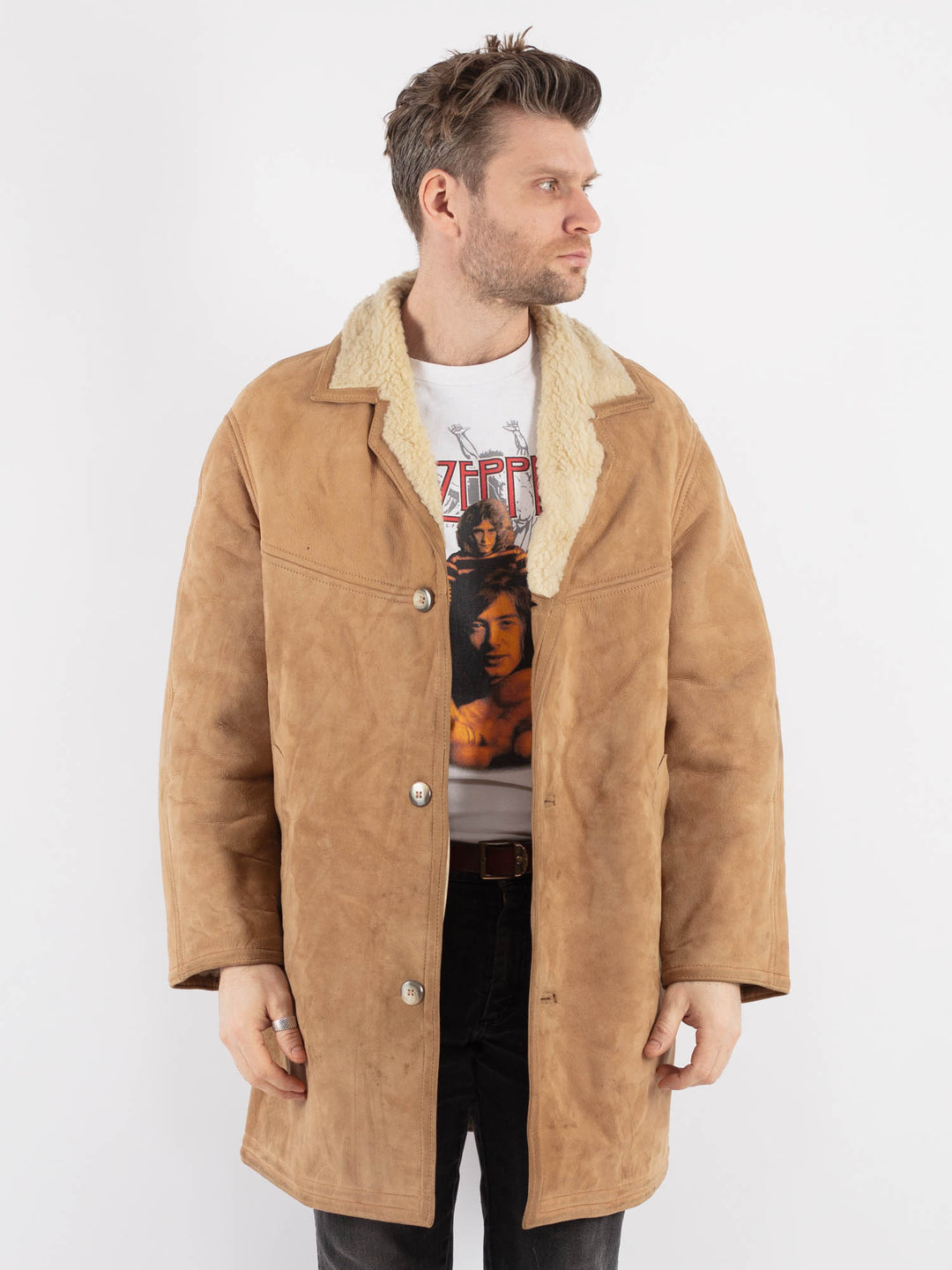 Vintage 70's Men Suede Sherpa Coat in Beige - NorthernGrip