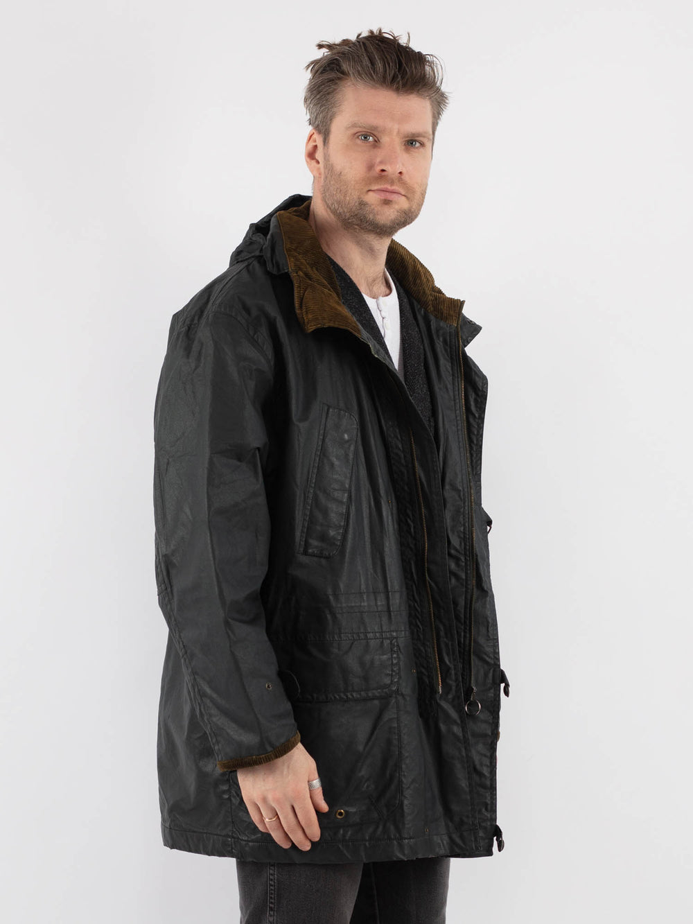 Vintage 70's Men Hooded Waxed Canvas Jacket in Black - NorthernGrip