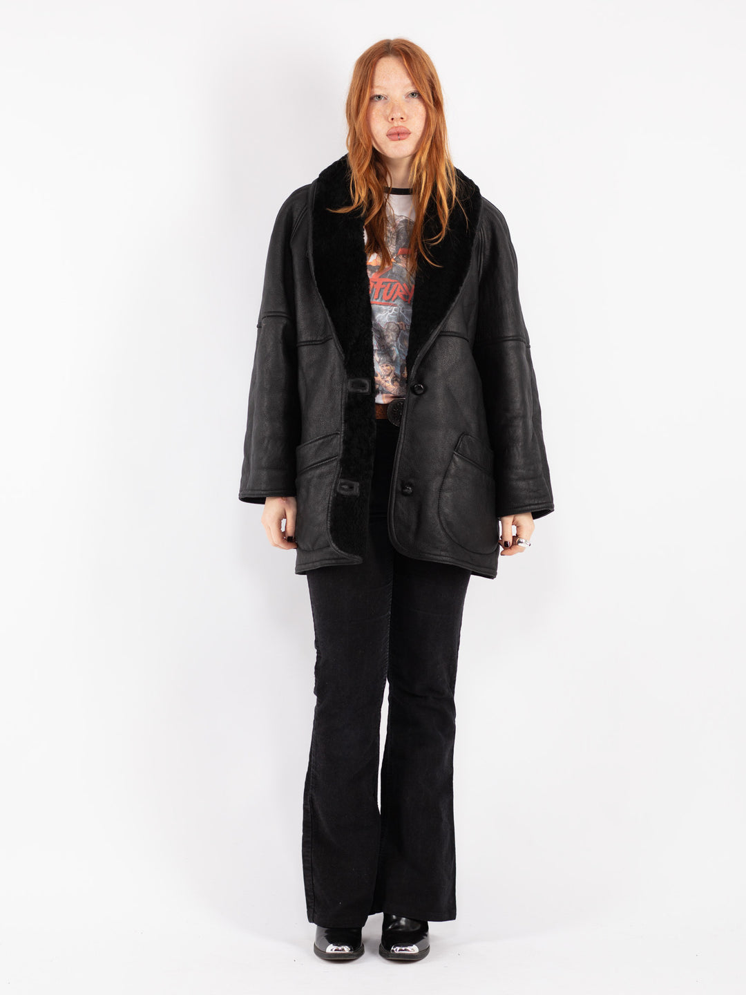 Vintage Women Sheepskin Shearling Coat in Black