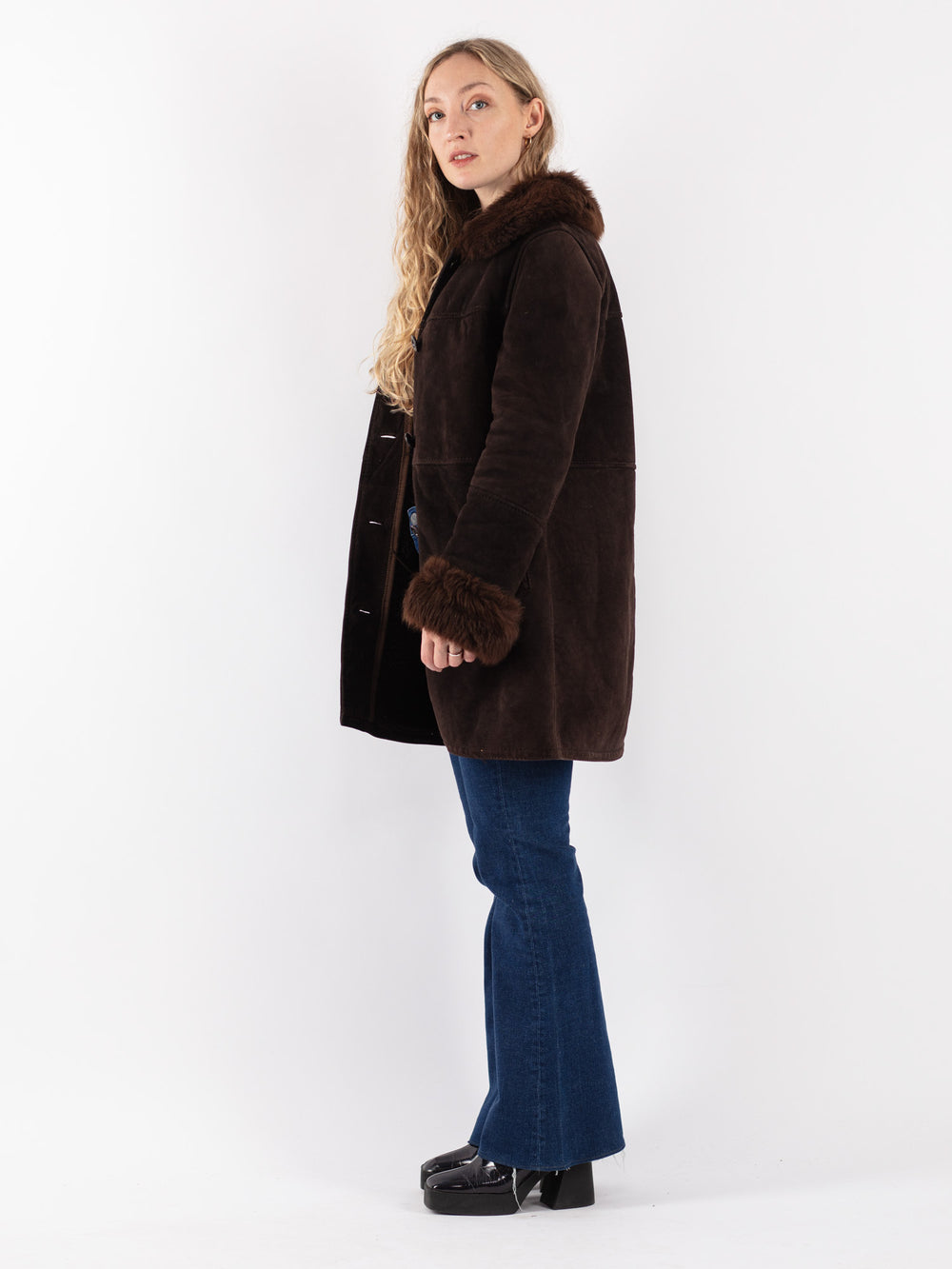 Vintage 70's Women Sheepskin Shearling Coat in Brown
