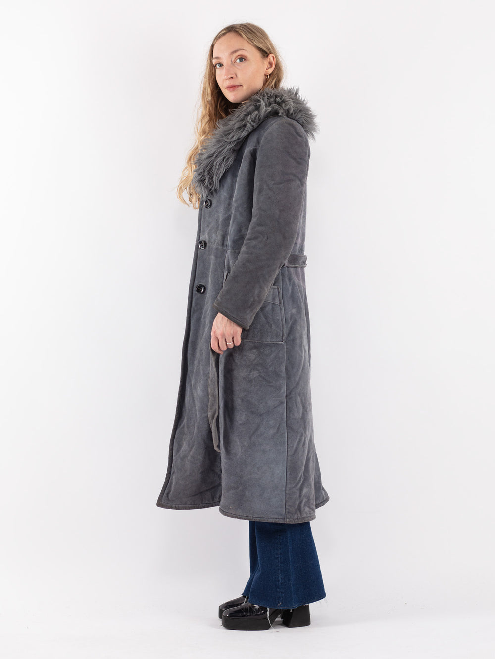 Vintage 70's Women Suede Sherpa Coat in Gray