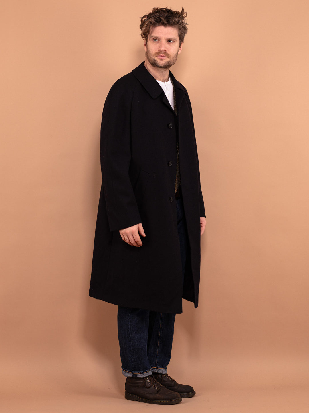 Vintage 80's Men Pure New Wool Coat in Blue - NorthernGrip