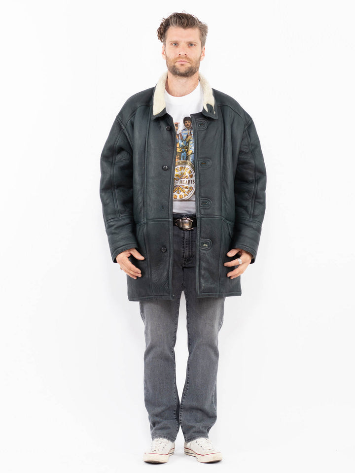 Vintage 80's Men Sheepskin Shearling Coat in GrayZ1925
