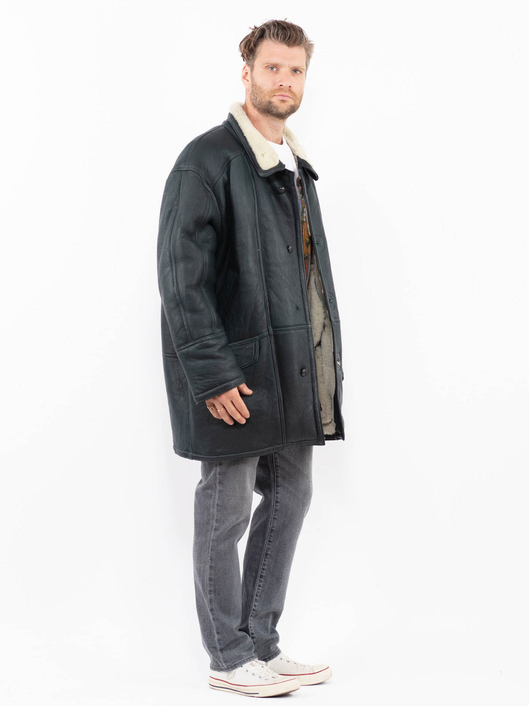 Vintage 80's Men Sheepskin Shearling Coat in GrayZ1925