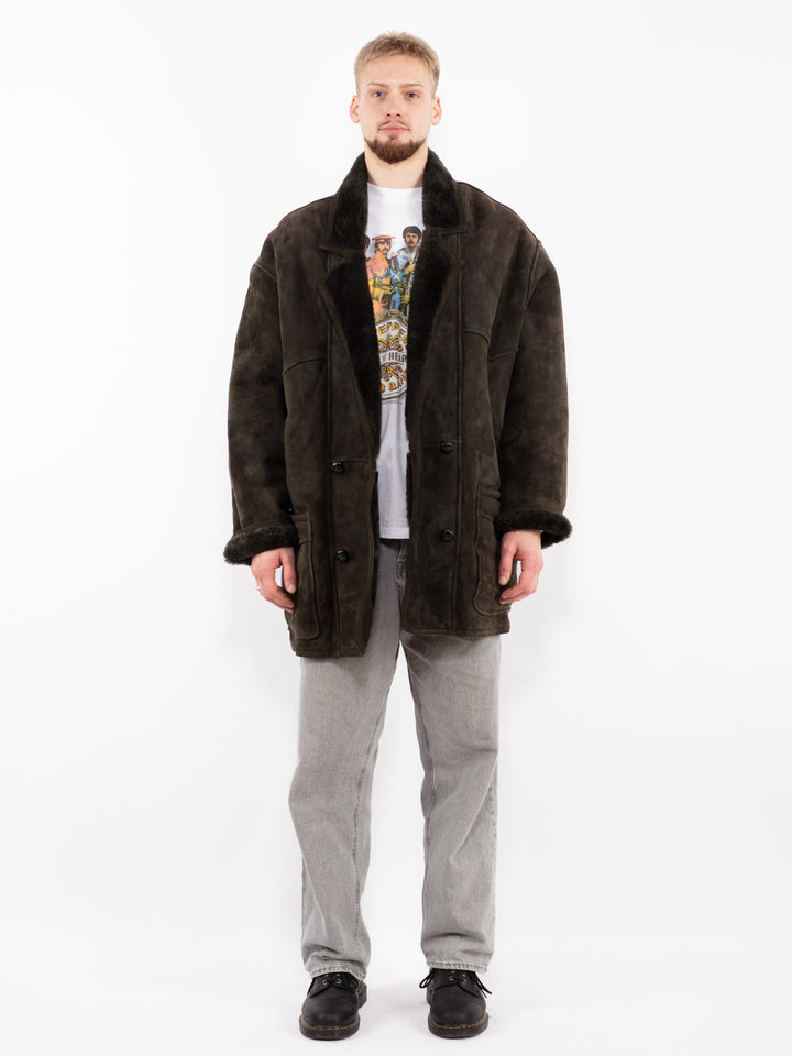Vintage 80's Men Oversized Sheepskin Coat in Green
