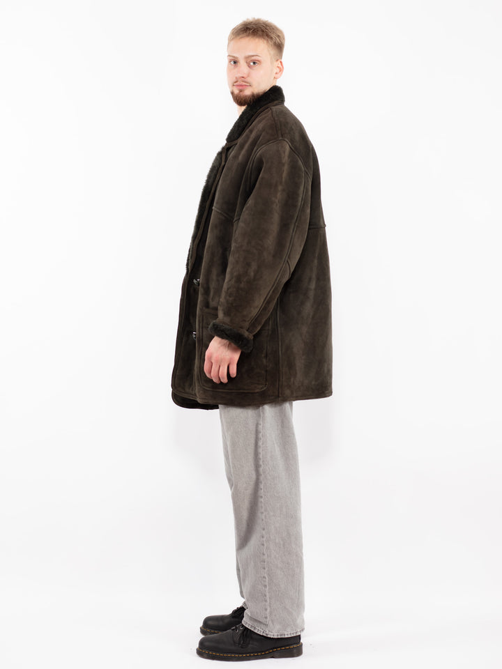 Vintage 80's Men Oversized Sheepskin Coat in Green