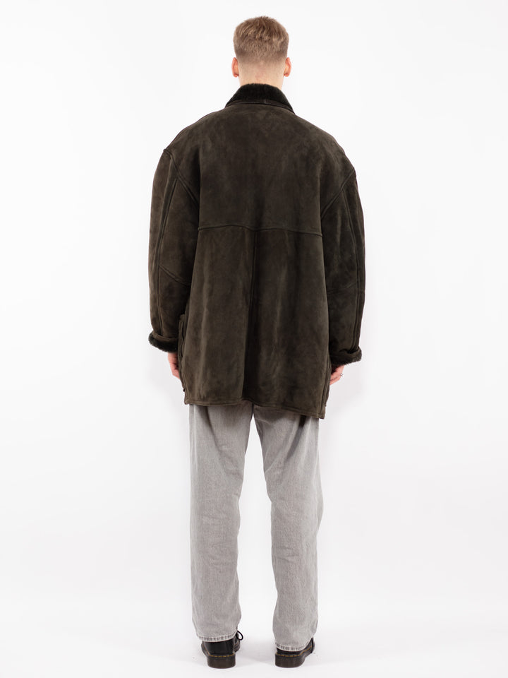 Vintage 80's Men Oversized Sheepskin Coat in Green