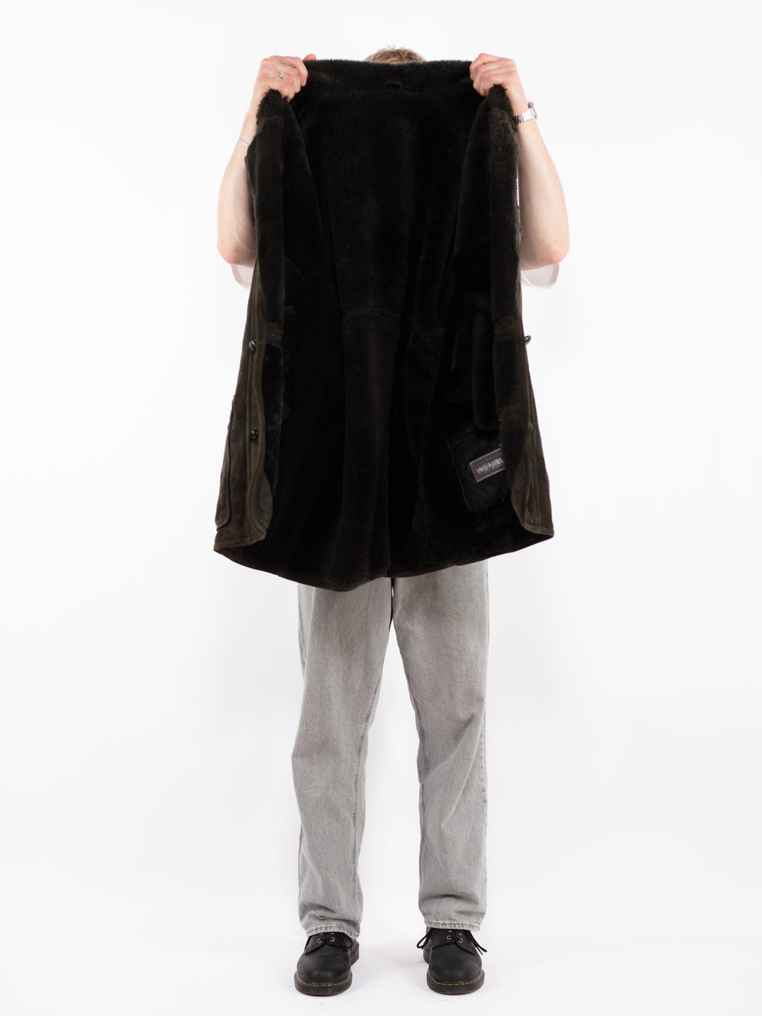 Vintage 80's Men Oversized Sheepskin Coat in Green