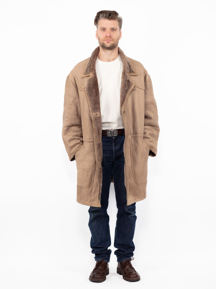 Vintage 80's Men Oversized Sheepskin Coat in Beige