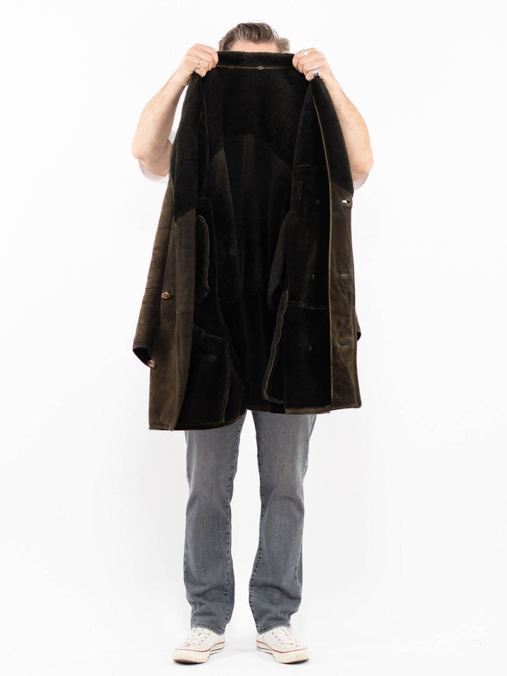 Vintage 80. gadu vīriešu aitādas mētelis sūnu zaļā krāsā