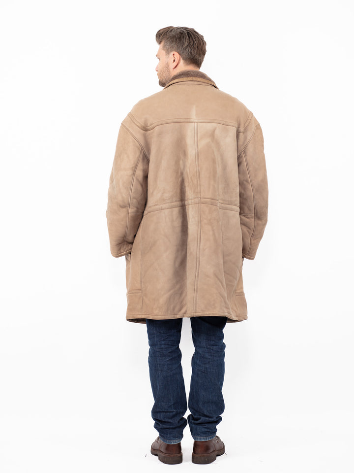 Vintage 80's Men Oversized Sheepskin Coat in Beige