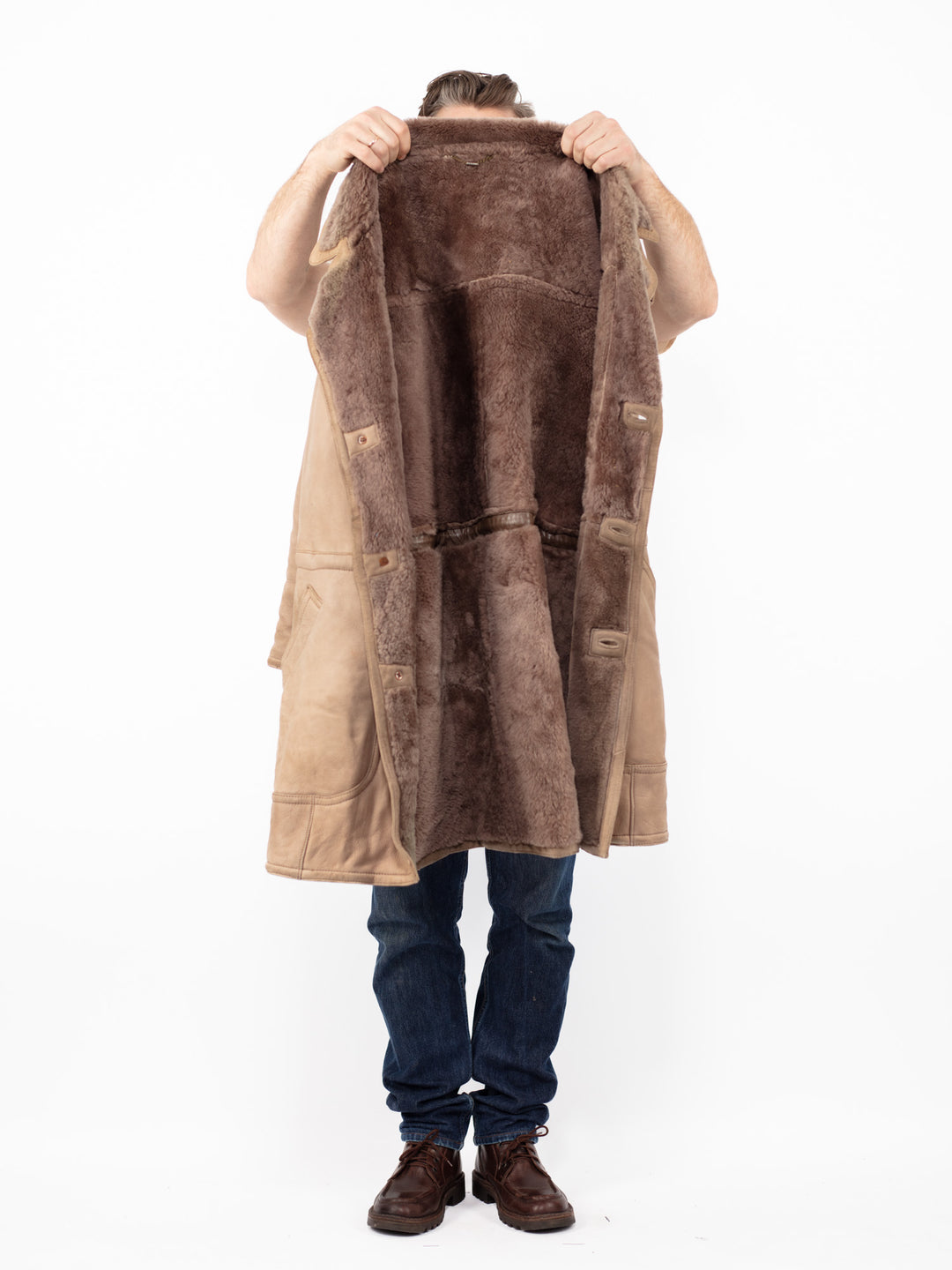 Vintage 80's Men Oversized Sheepskin Coat in Beige