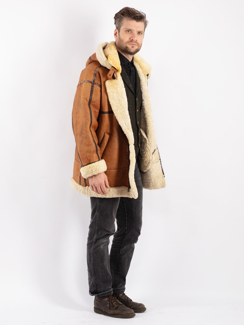 Vintage 80's Men Sheepskin Coat in Brown