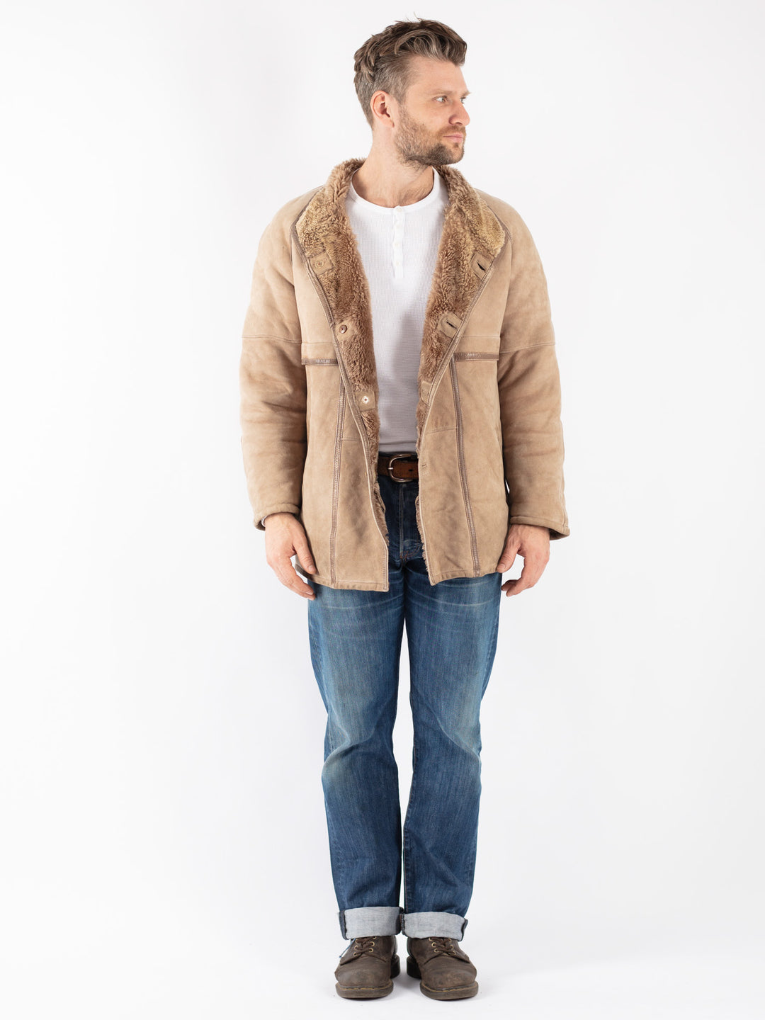 Vintage Men Sheepskin Coat in Beige