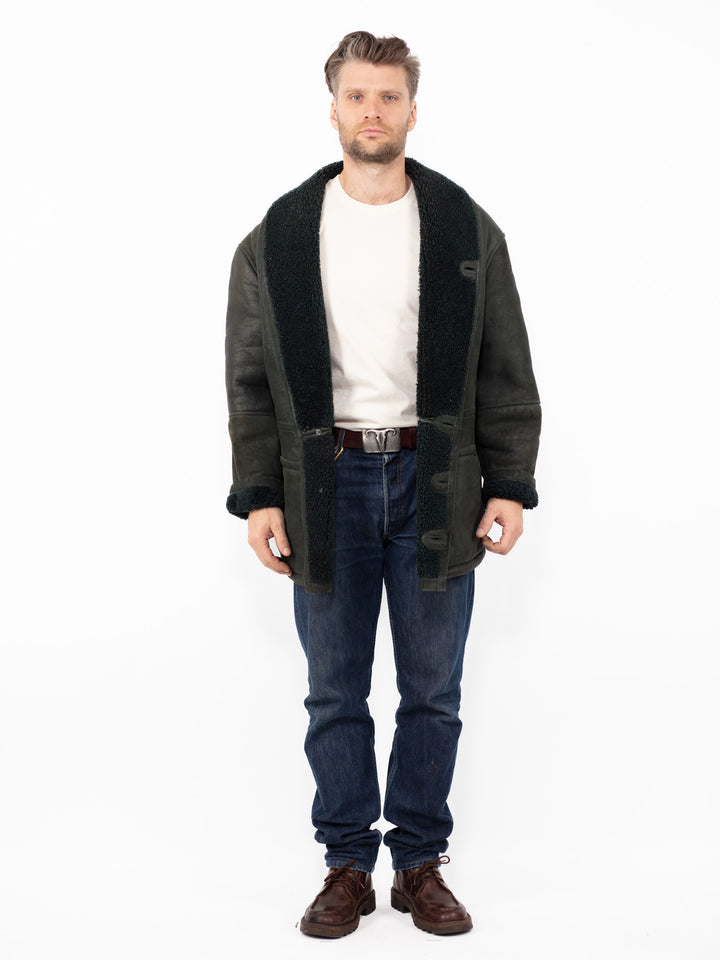 Vintage 80. gadu vīriešu aitādas mētelis tumši zaļā krāsā