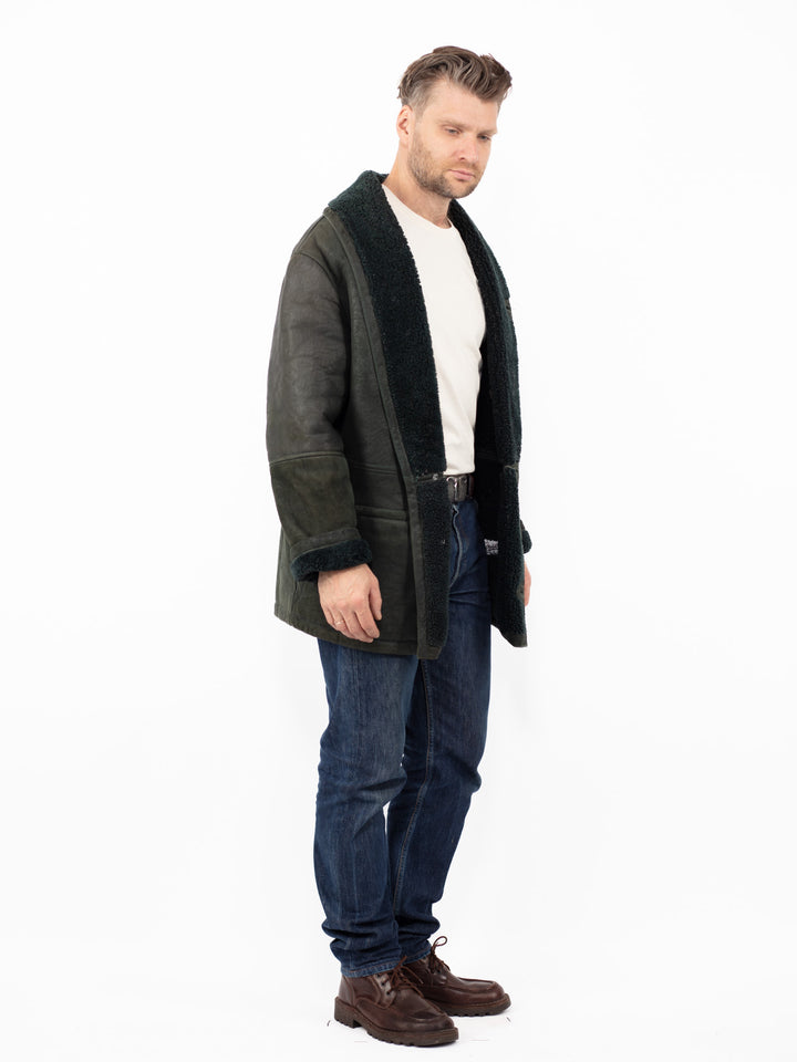 Vintage 80. gadu vīriešu aitādas mētelis tumši zaļā krāsā