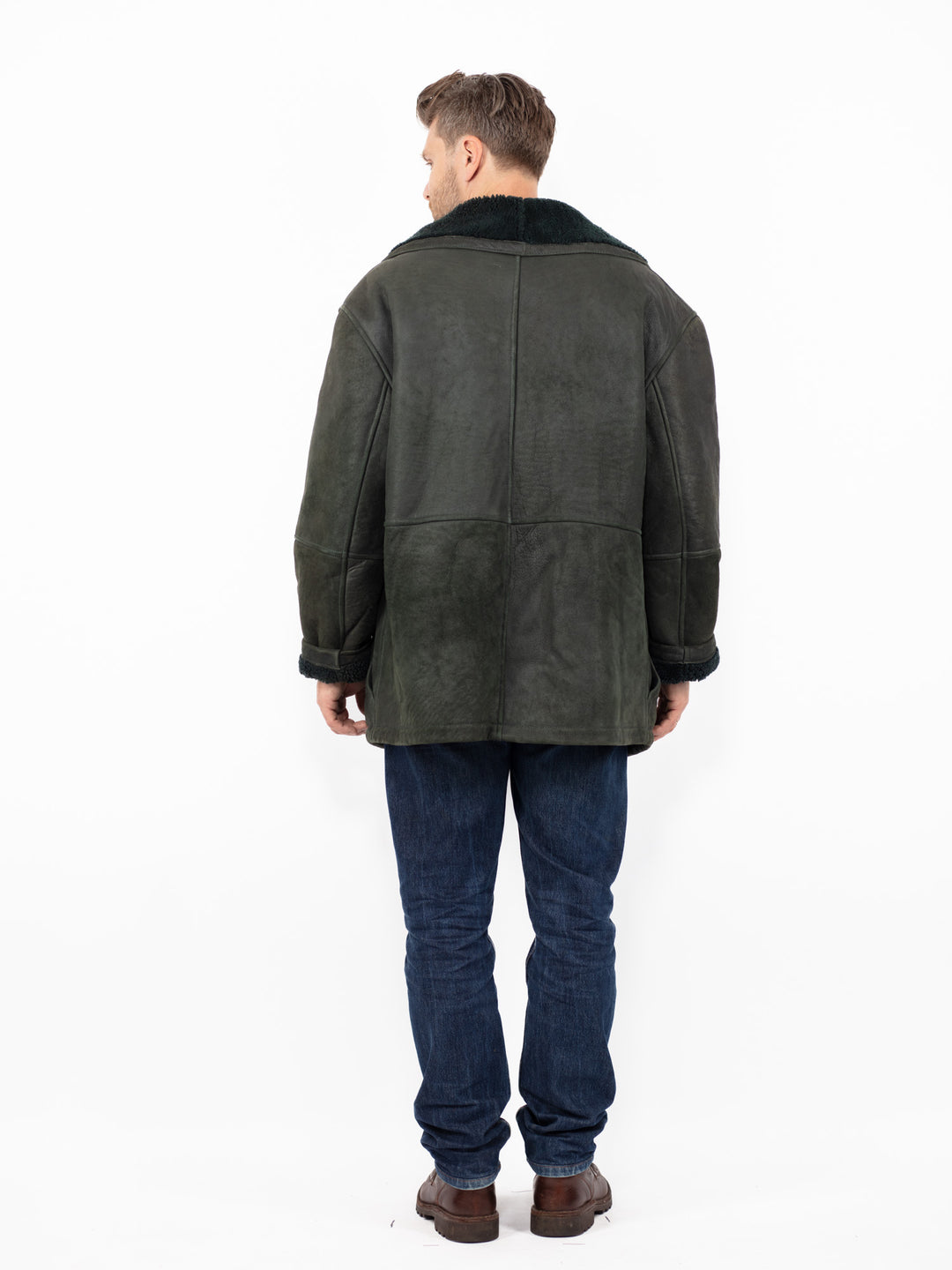 Vintage 80. gadu vīriešu aitādas mētelis tumši zaļā krāsā