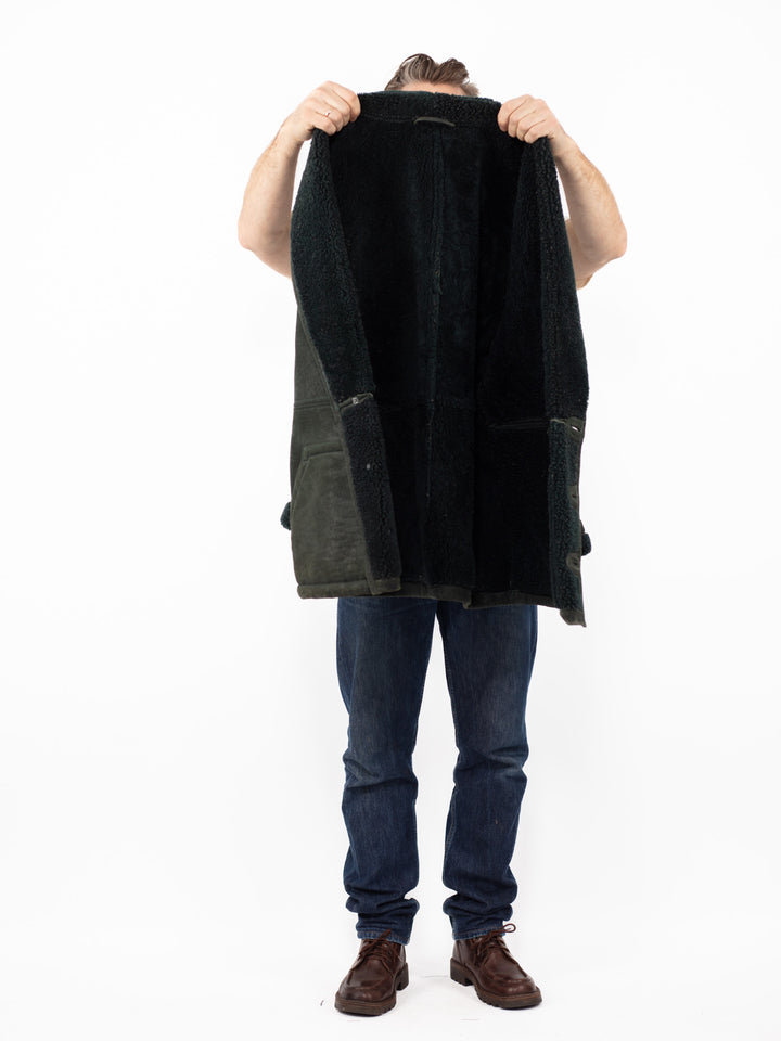 Vintage 80. gadu vīriešu aitādas mētelis tumši zaļā krāsā