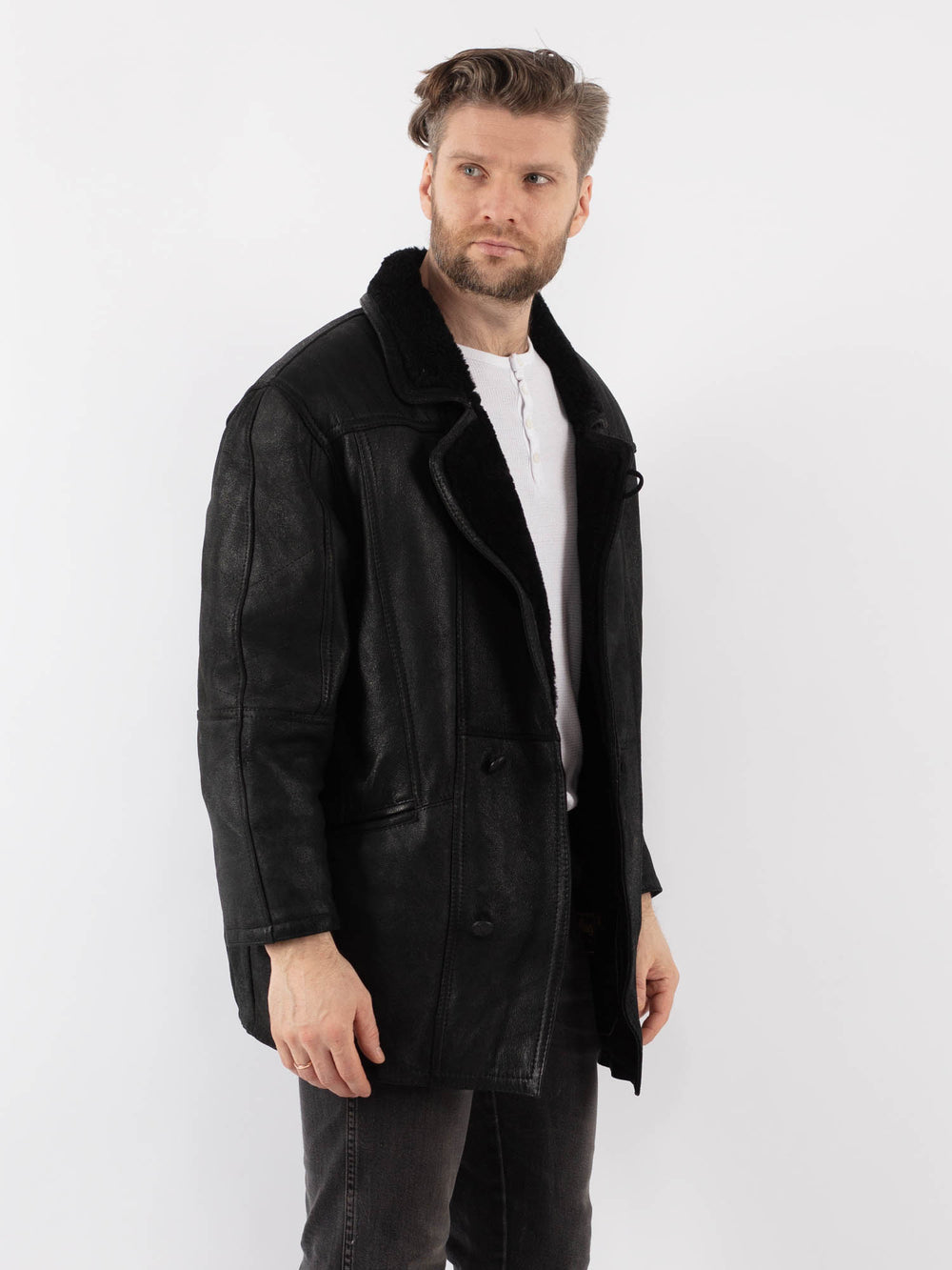 Vintage 80's Men Sheepskin Shearling Coat in BlackZ1002