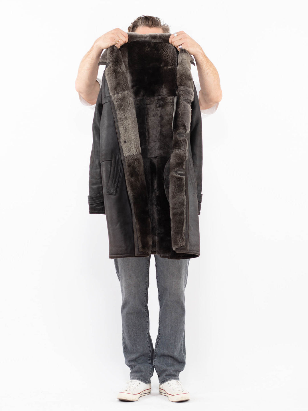 Vintage 80's Men Sheepskin Coat in GrayZ1993