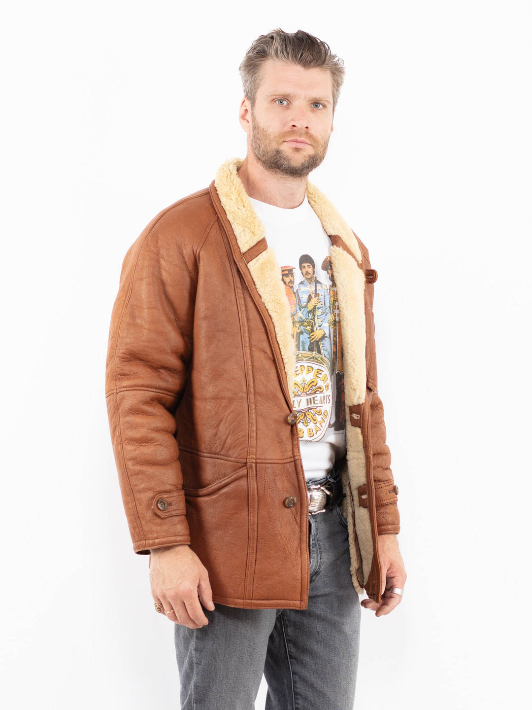 Vintage 80's Men Sheepskin Coat in BrownZ1994