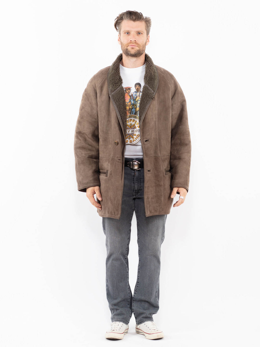 Vintage 80's Men Sheepskin Shearling Coat in BrownZ2002